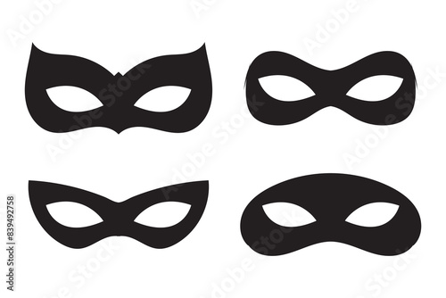 Carnival mask for bandit or superhero vector icon set. Black masquerade costume eye mask silhouette hidden villain or burgar person face. Simple design incognito masque shape clip art illustration.