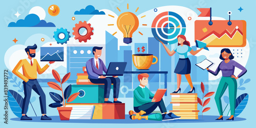 Colorful and dynamic flat design depicting a team of professionals engaged in various business activities against a background of diagrams, symbols of innovation and growth.AI generated.