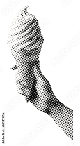 hand with ice cream cone isolated retro halftone effect grunge dotted cutout collage element