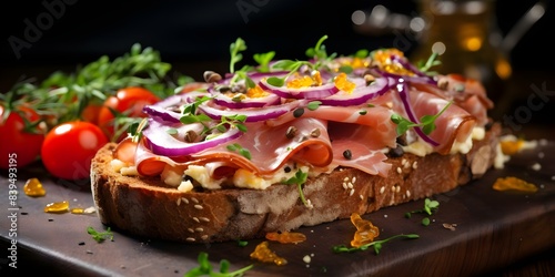 Closeup of gourmet open sandwich with ham red onion tomato and healthy bread. Concept Food Photography, Gourmet Open Sandwich, Close-up Shot, Ham and Tomato Sandwich, Healthy Bread
