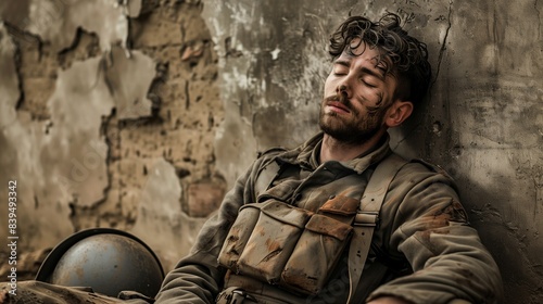Weary Soldier Resting Against Wall. A realistic photo of a weary soldier sitting against a wall, eyes closed and face showing exhaustion
