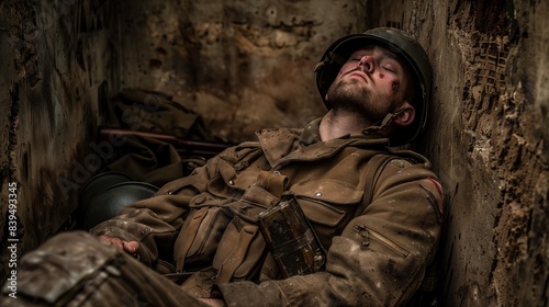 Weary Soldier Resting Against Wall. A realistic photo of a weary soldier sitting against a wall, eyes closed and face showing exhaustion
