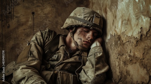 Weary Soldier Resting Against Wall. A realistic photo of a weary soldier sitting against a wall, eyes closed and face showing exhaustion