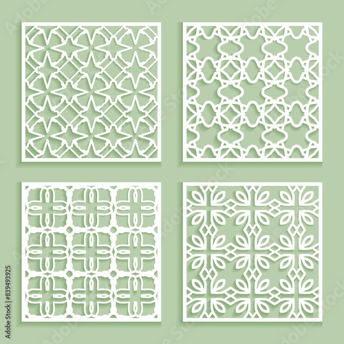 Templates for laser cutting, plotter cutting, printing. Square line patterns set. Geometric design cut out of paper. Mandala Islamic die cut ornament. Fretwork panels, cutout silhouette stencils