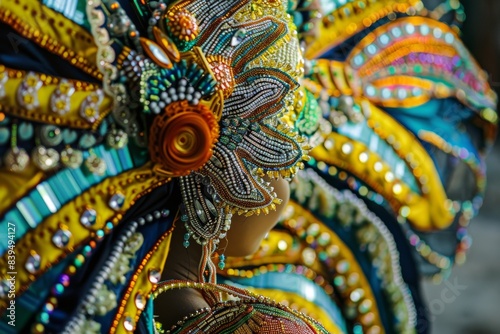 A stunning close-up of a vibrant samba dancer costume adorned with intricate beads and glitter, capturing the essence of Carnaval in Brazil.