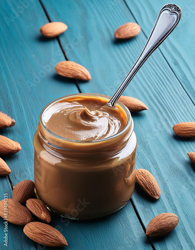 Almond butter on wooden table