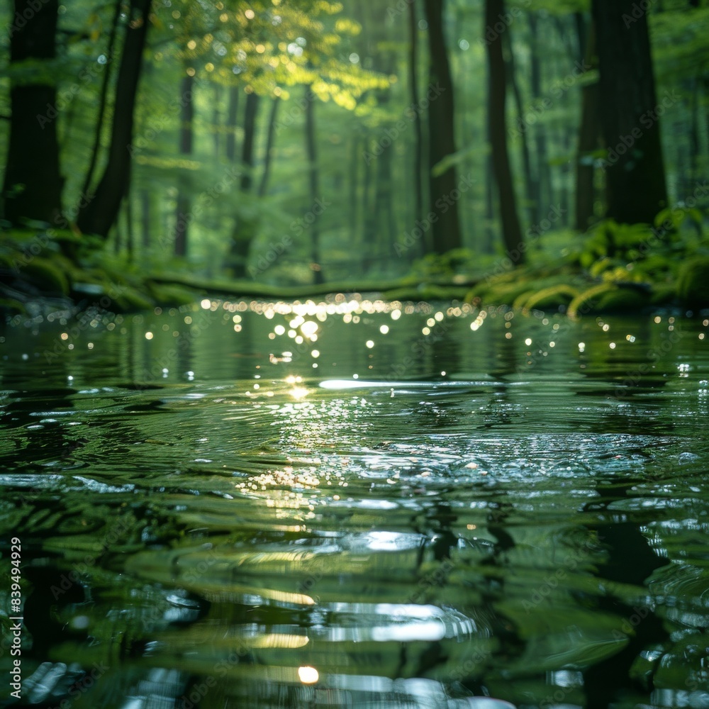 Serene Green Water Stream on Overcast Day with Lush Mossy Banks and Evergreen Trees - High Resolution Close-Up Photo with Stunning Lighting Reflections Serene Green Water Stream on Overcast Day with Lush Mossy Banks and Evergreen Trees - High Resolution Close-Up Photo with Stunning Lighting Reflections