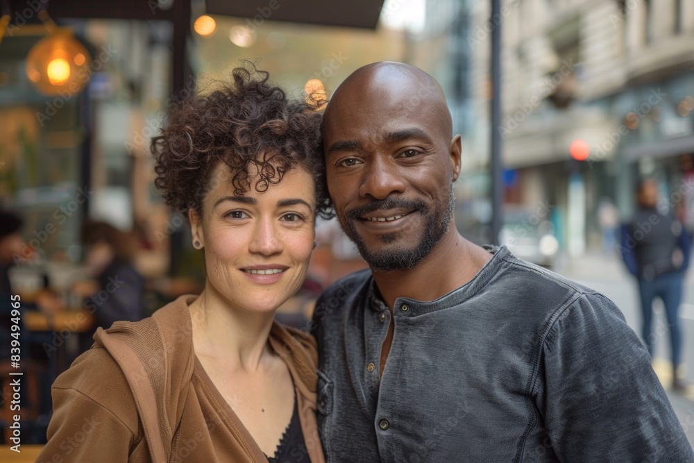 Portrait of a grinning multicultural couple in their 30s showing off a lightweight base layer while standing against bustling city cafe Portrait of a grinning multicultural couple in their 30s showing off a lightweight base layer while standing against bustling city cafe