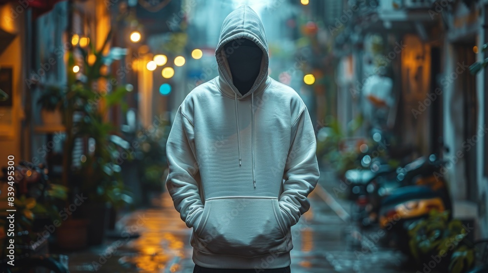 A man in a hooded sweatshirt standing on a city street at night