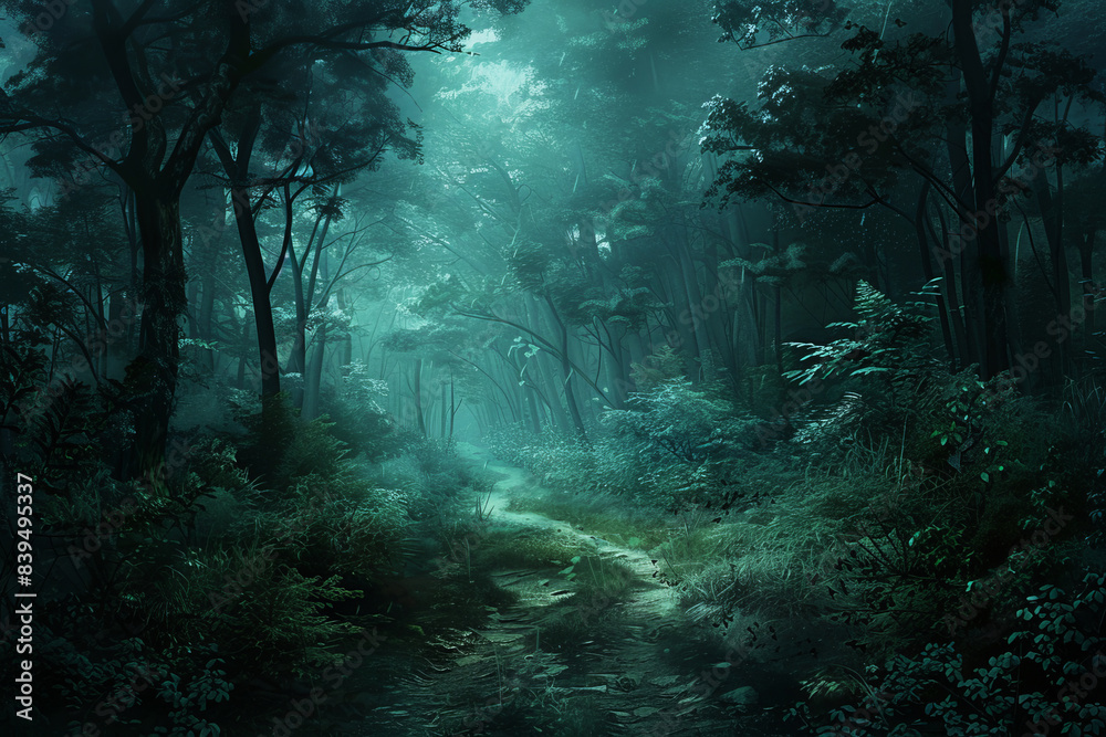 Obraz premium fantasy background,Dark forest with a path, fantasy landscape depicting a dark mood, 