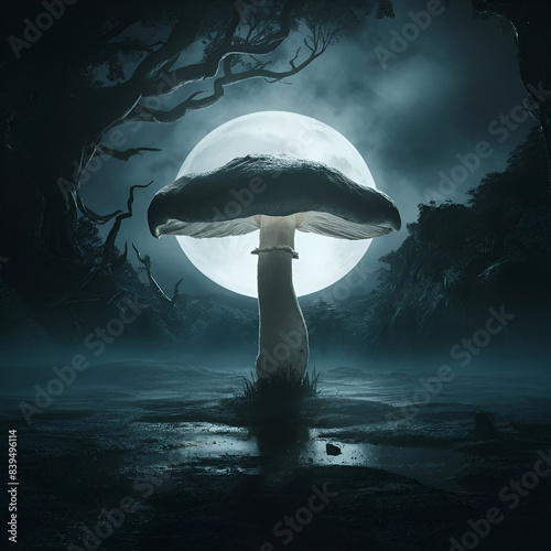 Dreamy fantasy mushrooms in a moonlight night in the beautyfull environment,generated with ideogram ai. photo