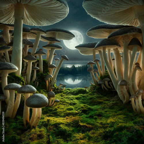 Dreamy fantasy mushrooms in a moonlight night in the beautyfull environment,generated with ideogram ai. photo