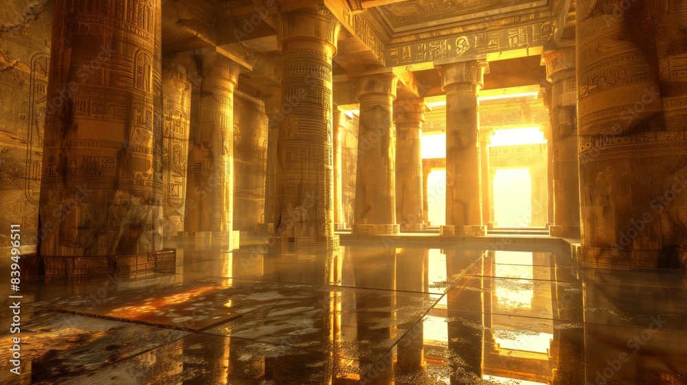 A breathtaking 3D of an ancient temple bathed in golden light, with detailed pillars and reflective stone floors. A breathtaking 3D of an ancient temple bathed in golden light, with detailed pillars and reflective stone floors.