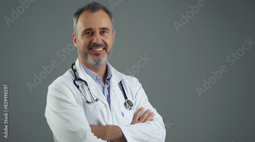 Young caucasian male doctor wearing a white coat and stethoscope, gray background