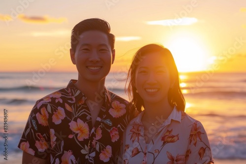 Portrait of a grinning asian couple in their 20s sporting a breathable hiking shirt over beautiful beach sunset