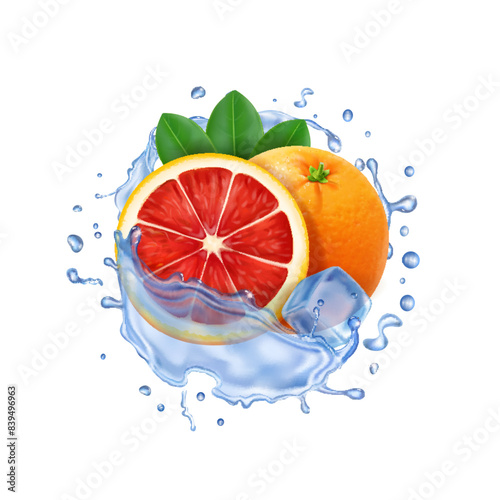 Grapefruit or red orange in water round splash with ice cube. Fresh citrus fruit realistic 3d illustration.