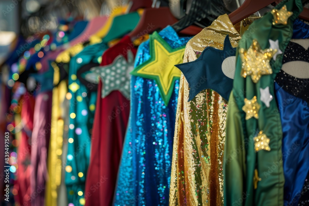 A vibrant display of hand-decorated superhero capes and masks, adorned with glitter, sequins, and stars, ready for the back-to-school costume contest. A vibrant display of hand-decorated superhero capes and masks, adorned with glitter, sequins, and stars, ready for the back-to-school costume contest.