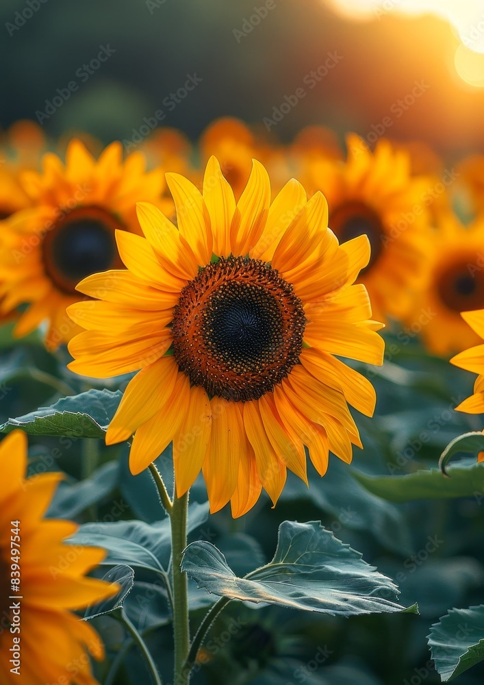 Naklejka premium Vibrant sunflowers in a field, representing summer and happiness.