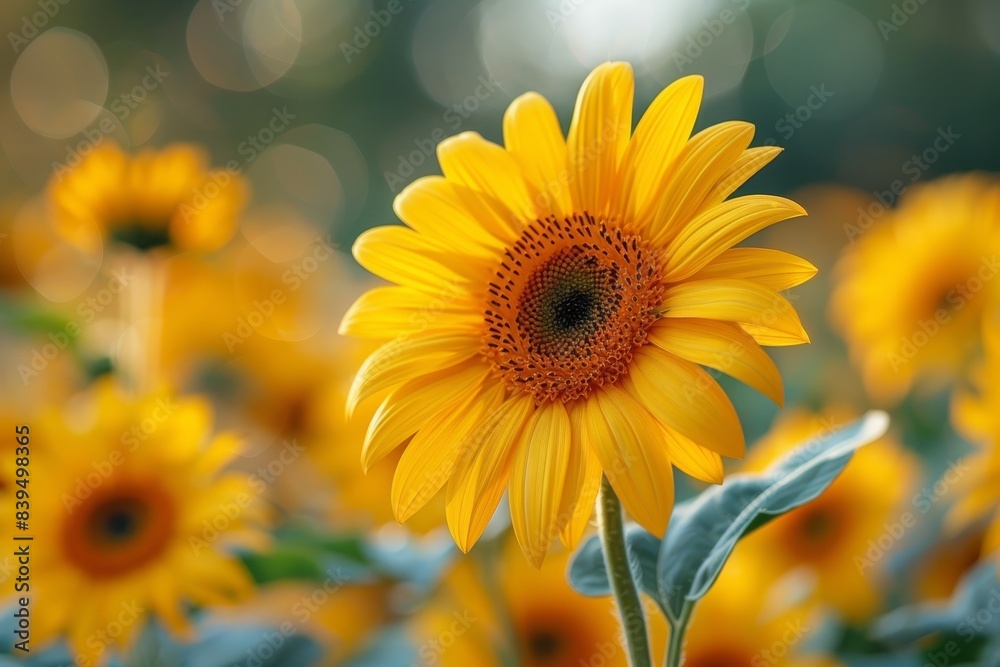 Naklejka premium Vibrant sunflowers in a field, representing summer and happiness.