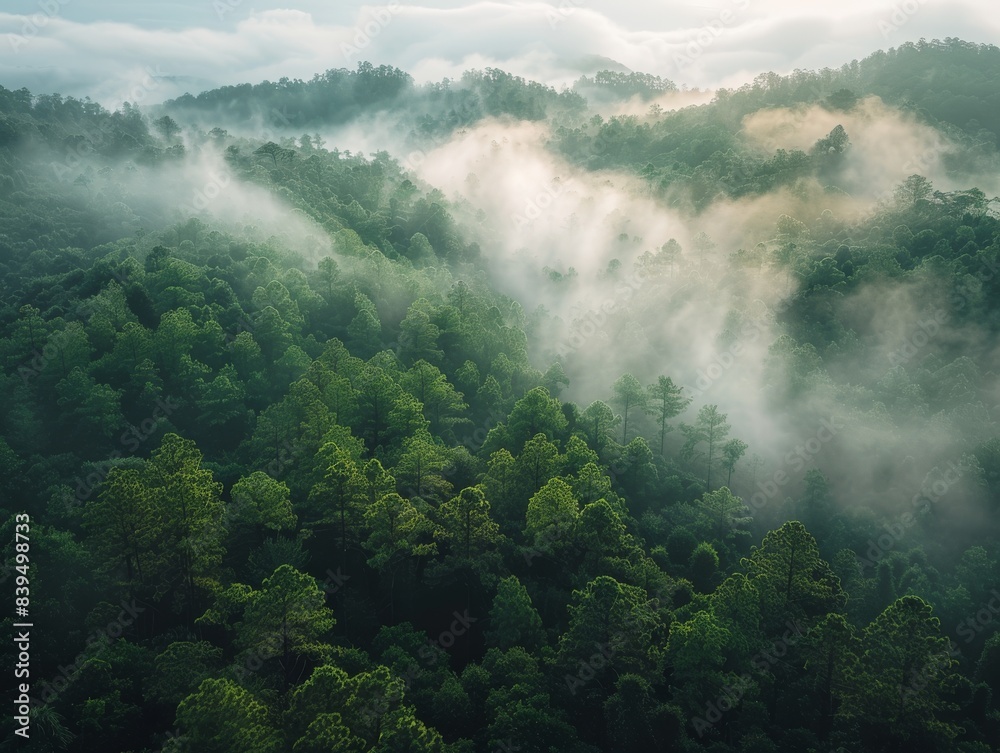 Obraz premium Serene Forest Canopy Enveloped in Morning Fog - Wide Shot Nature Landscape in Unsplashed Photography Style with Tall Trees and Calm Misty Ambiance