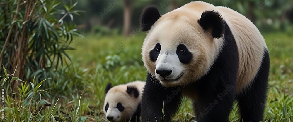 Adorable family of endangered pandas in their natural habitat Adorable family of endangered pandas in their natural habitat