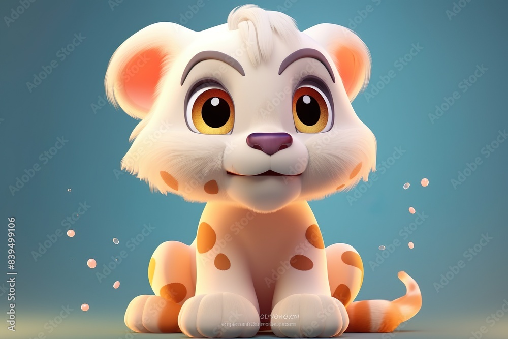 Endearing Baby Leopard with Wide Eyes and Soft Spots in a Gentle Light Blue Background Endearing Baby Leopard with Wide Eyes and Soft Spots in a Gentle Light Blue Background
