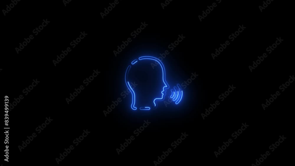 Neon lighting human person Speak voice icon animation. Talk speech wave command sound control face sound icon