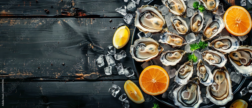 Plate of fresh oysters on ice with lemon and herbs on a dark wooden table. Perfect for seafood menus and culinary websites.