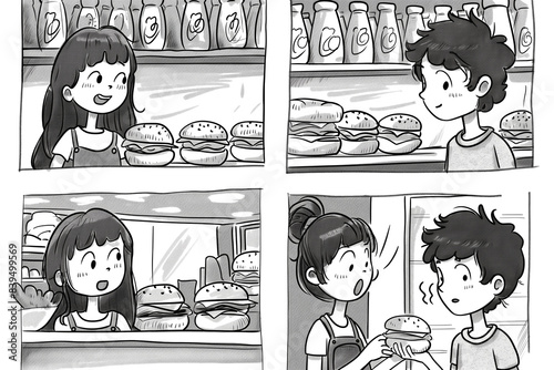 Kids buying burgers in playful comic strip panels, monochrome illustration