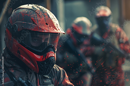 Man in paintball gear with paint splatters on mask  looking directly at camera with blurred teammates in background