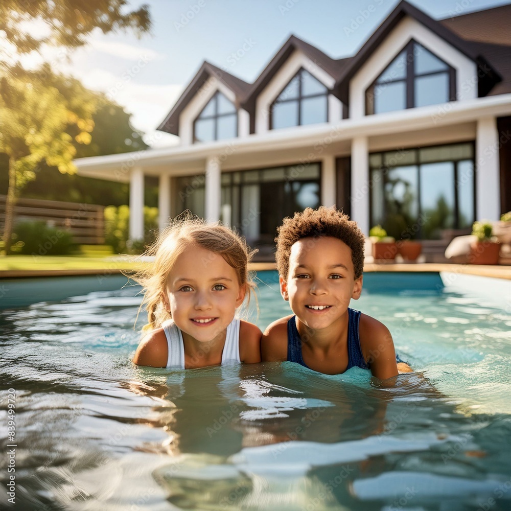 Children bathing in a home swimming pool. Holidays, summer, organization of recreation for children Children bathing in a home swimming pool. Holidays, summer, organization of recreation for children