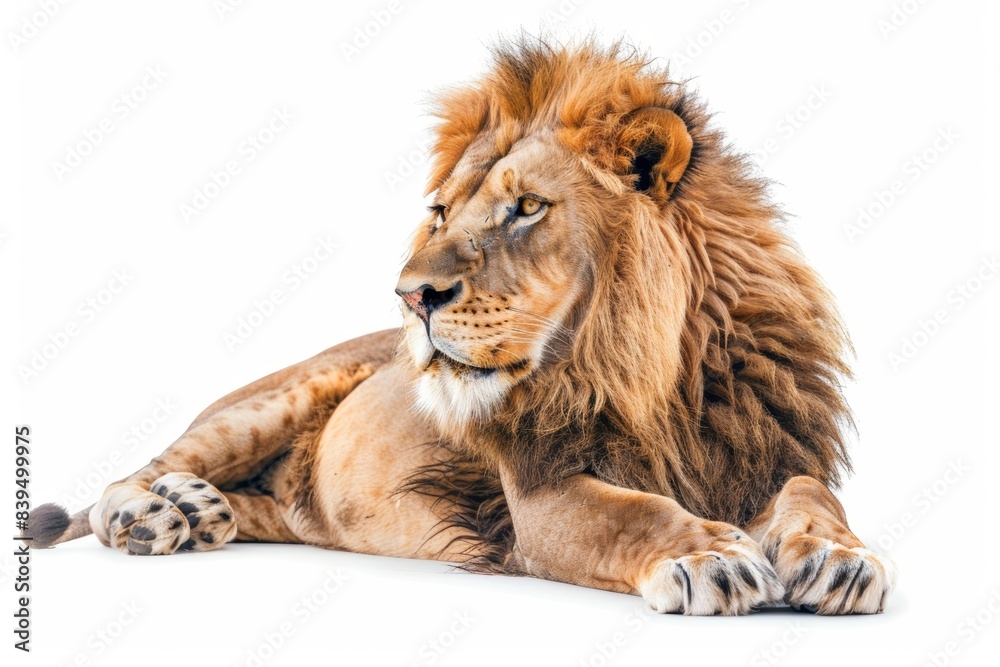 Fototapeta premium Lion lies isolated on white background. King of beasts. Predator.