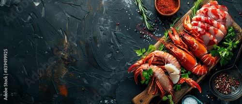 Top view of assorted fresh seafood, including shrimp, lobster tails, and sauces, arranged on a wooden board over dark background.