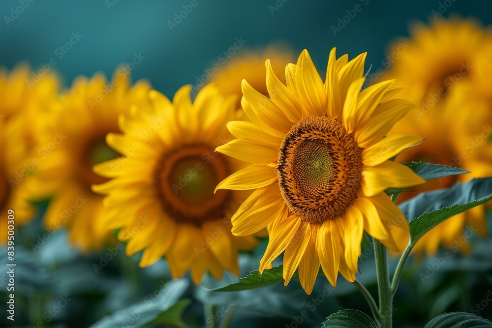 Fototapeta premium Vibrant sunflowers in a field, representing summer and happiness.