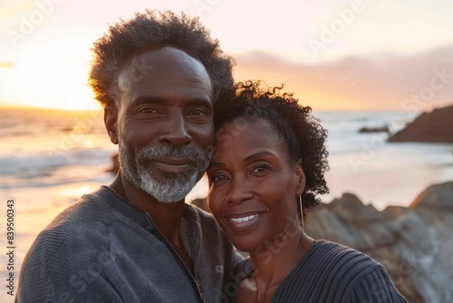 Portrait of a blissful afro-american couple in their 40s showing off a thermal merino wool top in beautiful beach sunset