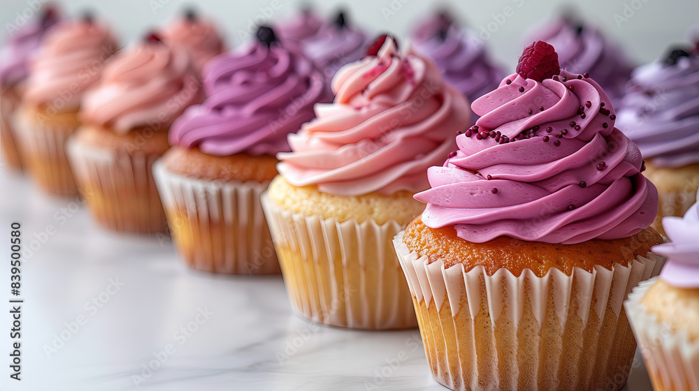 Minimalistic group of holiday cupcakes lined up in row with smooth frosting in light pastel colors Minimalistic group of holiday cupcakes lined up in row with smooth frosting in light pastel colors