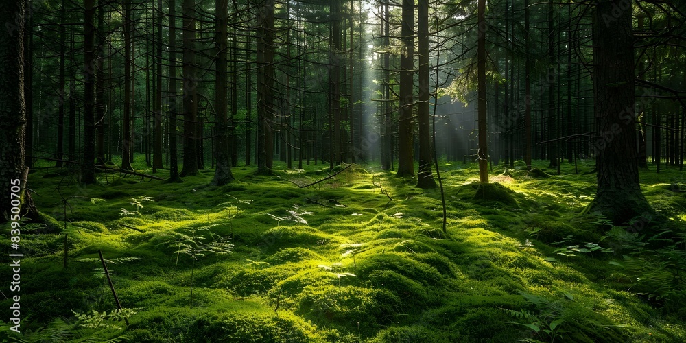 Obraz premium Lush Scandinavian forest with abundant trees green moss and sunlight filtering through. Concept Nature Photography, Scandinavian Forest, Sunlight Through Trees, Green Moss, Lush Foliage