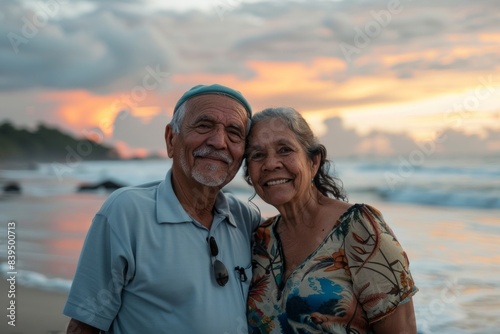 Portrait of a joyful latino couple in their 80s sporting a breathable hiking shirt while standing against beautiful beach sunset © Markus Schröder