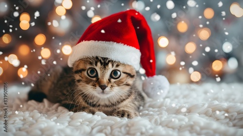 Cute ginger cat in Santa Claus hat on bokeh christmas background