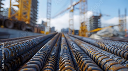 Illustration focusing on reinforcement steel rods and deformed bars in plastic formwork, with selective focus highlighting the details of the materials used in construction.  photo