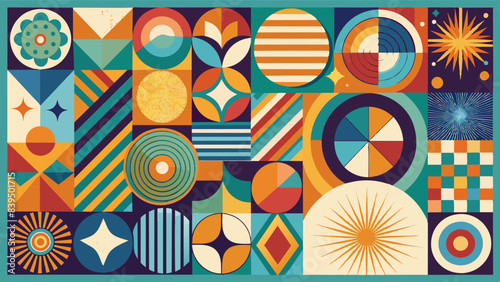 Vibrant spots of various geometric patterns and shapes fill the composition, evoking mid-century modern aesthetics. The distinct segments contain a mixture of stripes, circles, triangles and series.AI