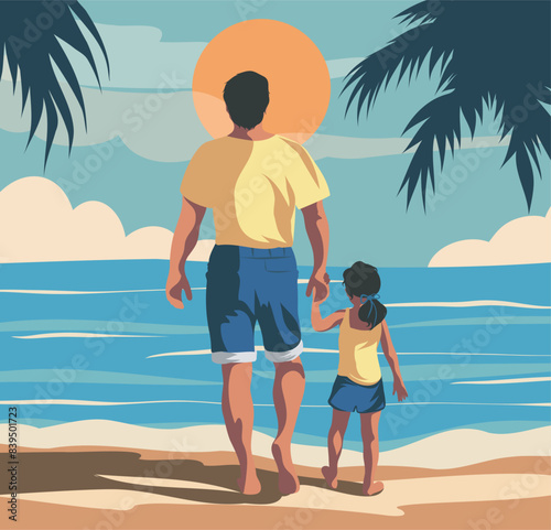  Vector greeting card Hello summer. A father holds his little daughter's hand. Father and daughter on vacation on the beach in summer. Father's Day templates for poster, cover, banner, social media