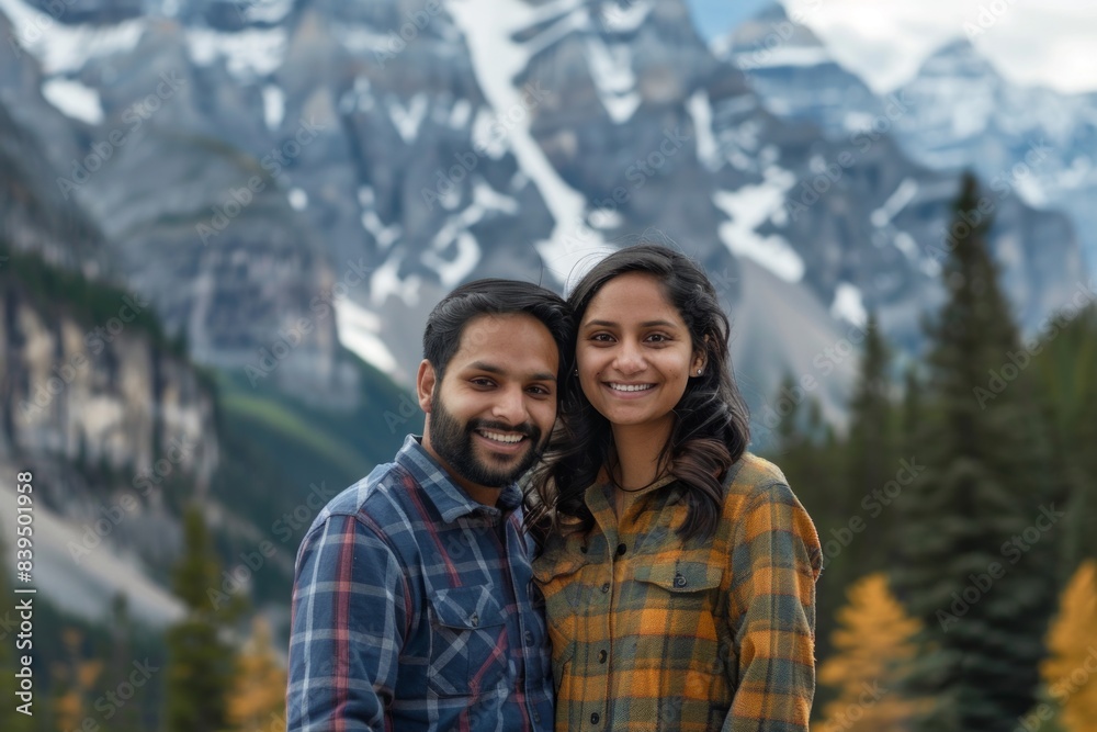Portrait of a smiling indian couple in their 20s dressed in a relaxed flannel shirt in backdrop of mountain peaks Portrait of a smiling indian couple in their 20s dressed in a relaxed flannel shirt in backdrop of mountain peaks