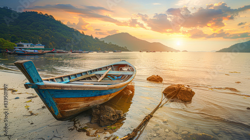 A boat is sitting in the water near the shore