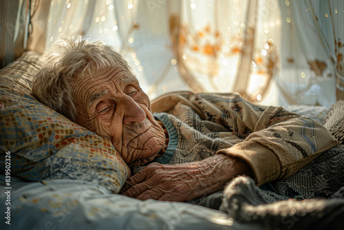 An old woman is sleeping on a bed with a blanket