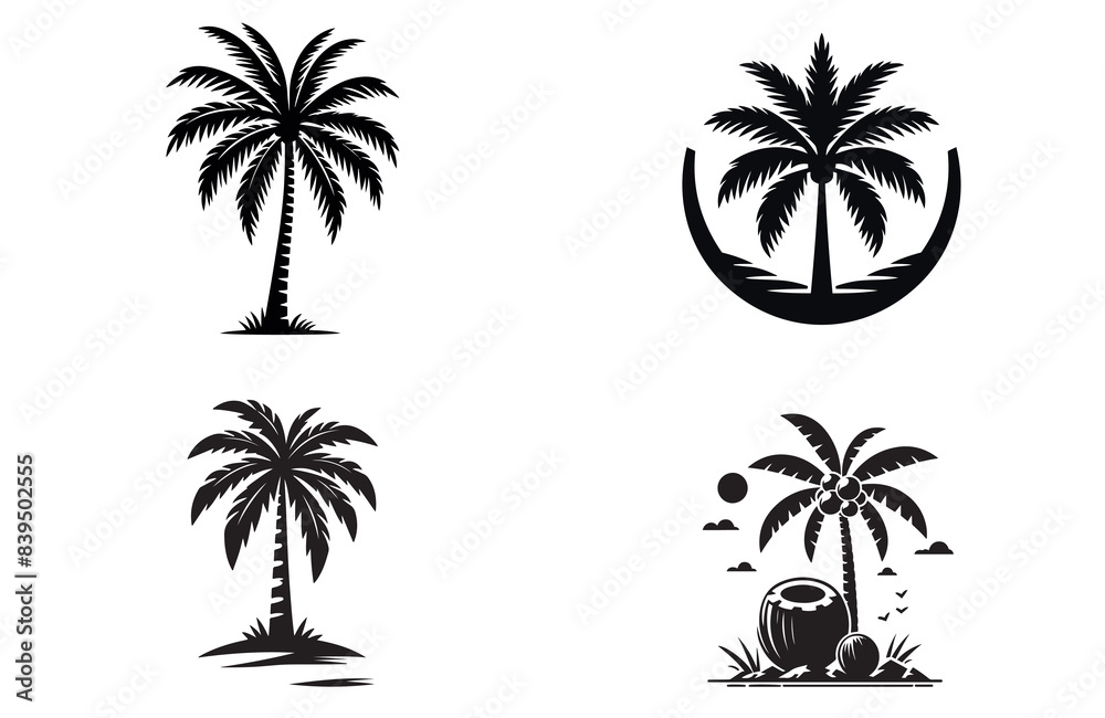 Fototapeta premium Silhouettes of palm and coconut trees and sun vector Illustration for Summer