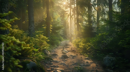 a serene scene of a forest path at sunrise. The path is surrounded by tall green trees and rocks. Sunlight filters through the trees