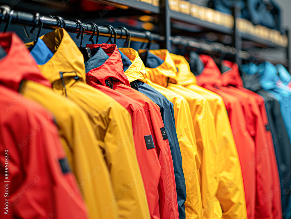 Fototapeta premium A rack of brightly colored jackets, including yellow, red, and blue