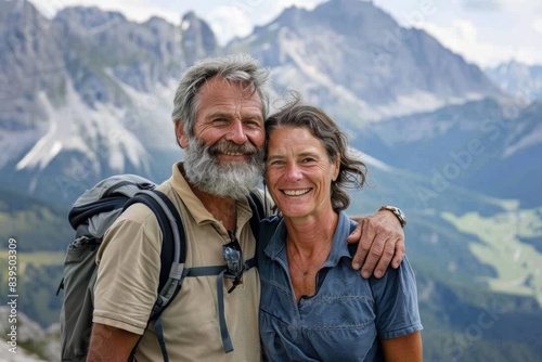 Portrait of a joyful couple in their 40s sporting a breathable hiking shirt in backdrop of mountain peaks