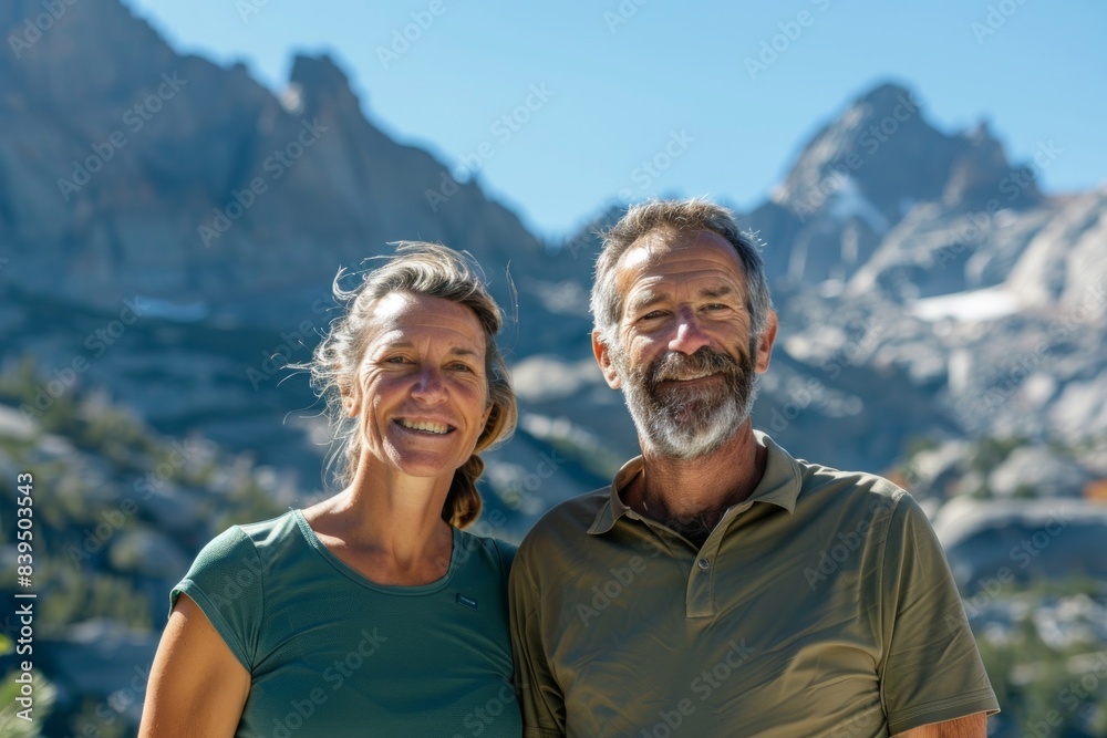 Portrait of a joyful couple in their 40s sporting a breathable hiking shirt in front of backdrop of mountain peaks Portrait of a joyful couple in their 40s sporting a breathable hiking shirt in front of backdrop of mountain peaks